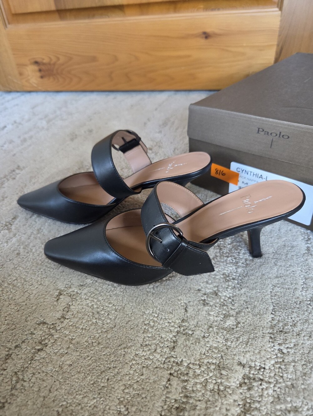 Paolo Black Pointed Leather Mules with Buckle Strap